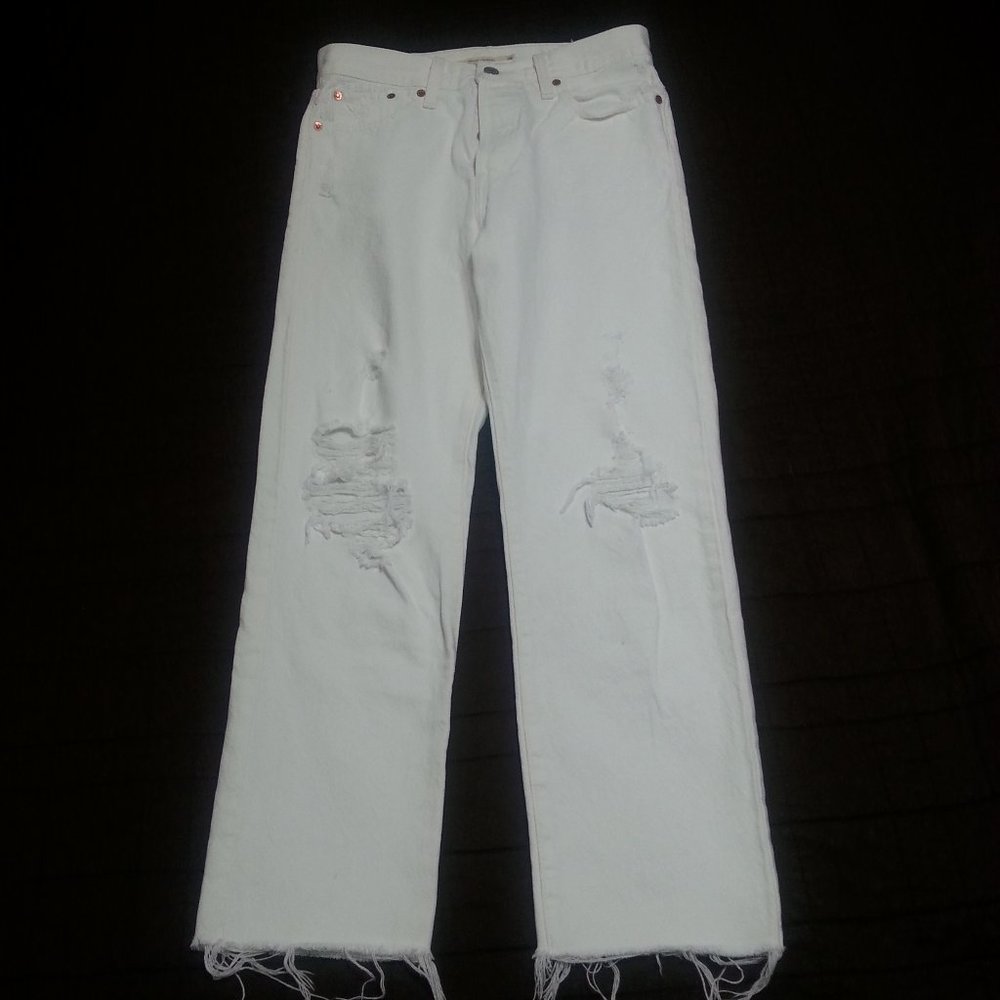 Levi's Jeans Big E Wedgie Straight Pants Button Fly Distressed White 29 Women's